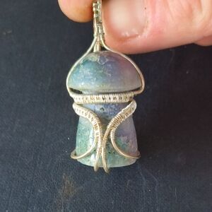 Grape And Green Agate Mushroom Shaped Wire-Wrapped Pendant